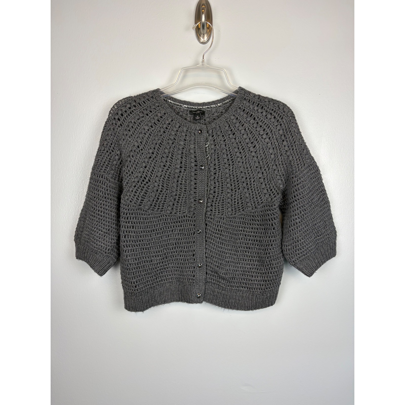 Ann Taylor Gray Merino Wool Crochet Cardigan Medium Jewel Button Up Velvet Trim